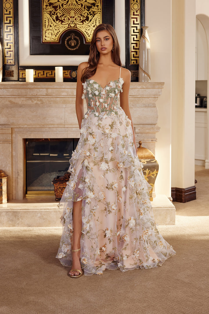 3D Floral Sleeveless Tiered Slit Gown by Nox Anabel G1783