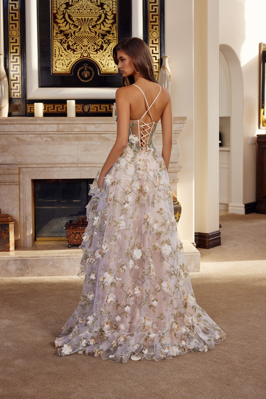 3D Floral Sleeveless Tiered Slit Gown by Nox Anabel G1783