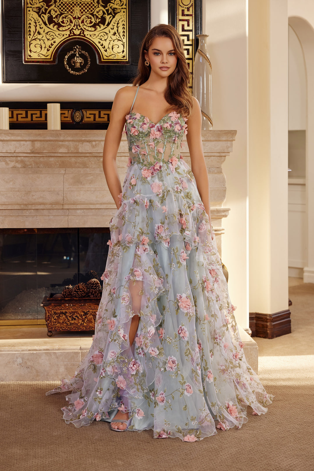 3D Floral Sleeveless Tiered Slit Gown by Nox Anabel G1783