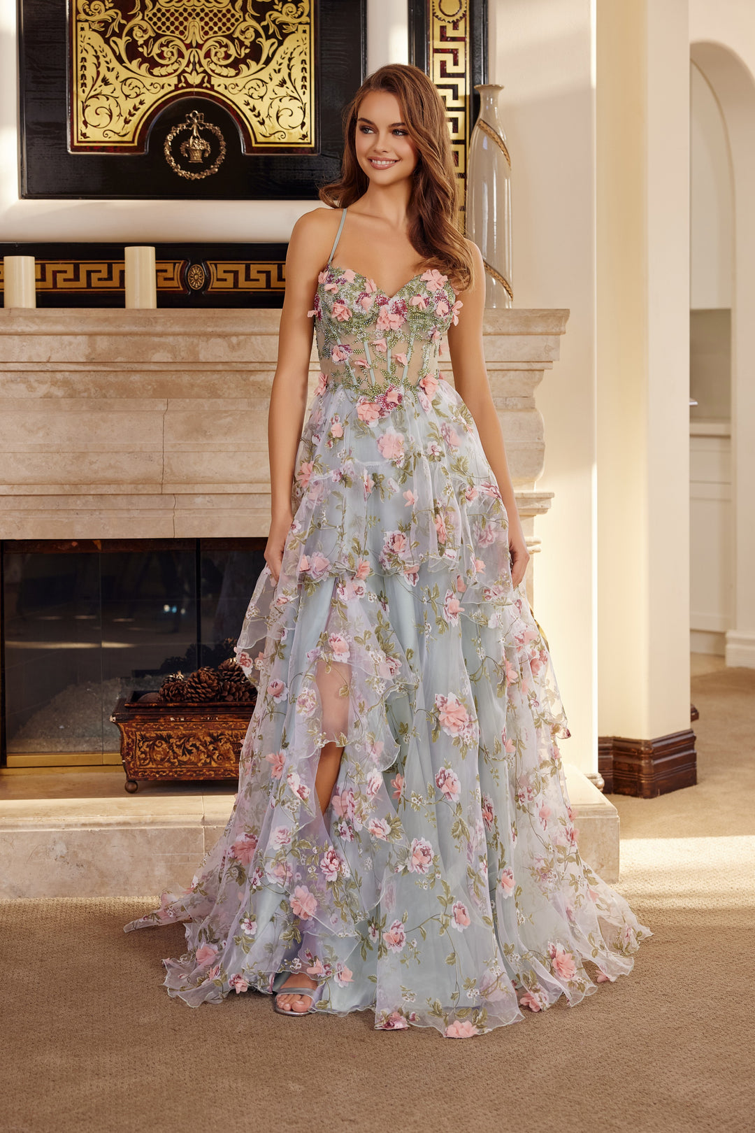 3D Floral Sleeveless Tiered Slit Gown by Nox Anabel G1783