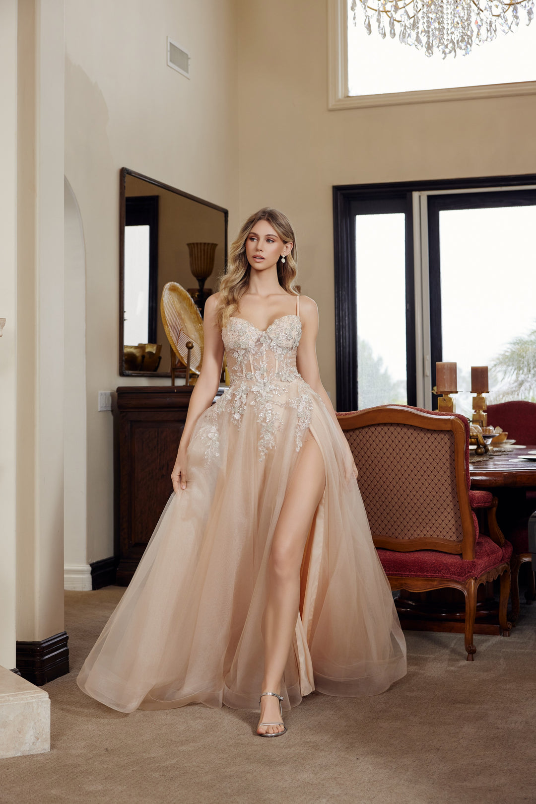 Applique Sleeveless A-line Slit Gown by Nox Anabel G1787