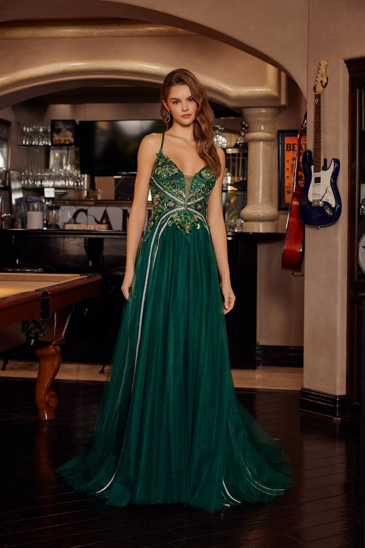 Applique V-Neck A-line Gown by Nox Anabel G1795