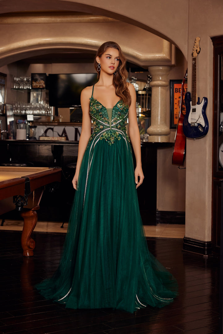 Applique V-Neck A-line Gown by Nox Anabel G1795
