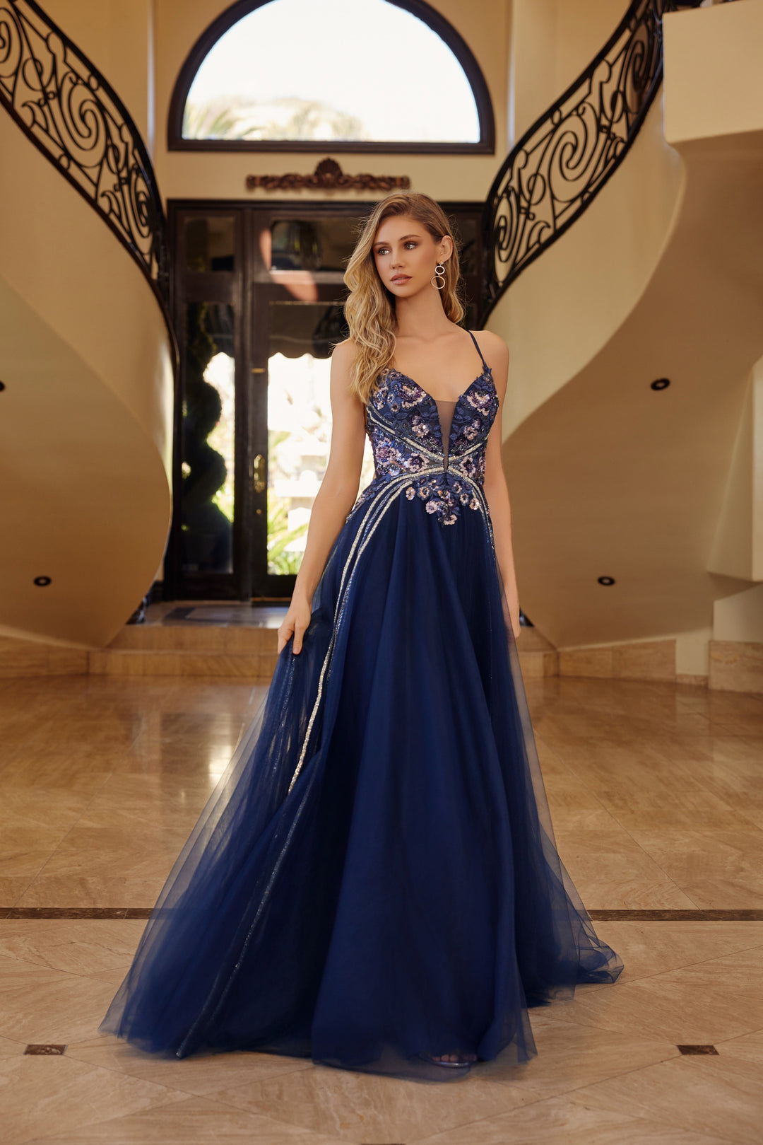 Applique V-Neck A-line Gown by Nox Anabel G1795