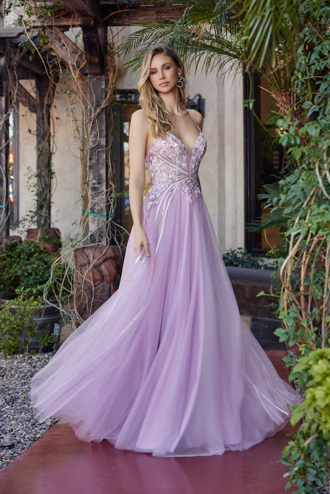 Applique V-Neck A-line Gown by Nox Anabel G1795
