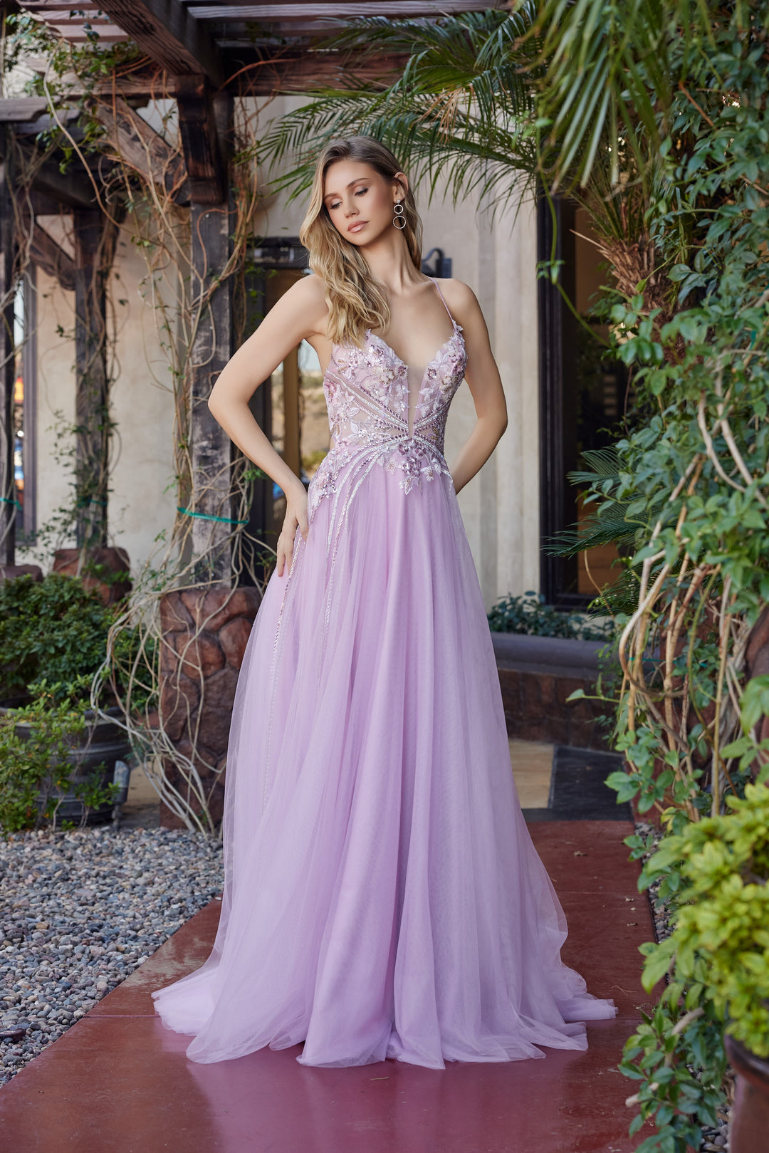 Applique V-Neck A-line Gown by Nox Anabel G1795