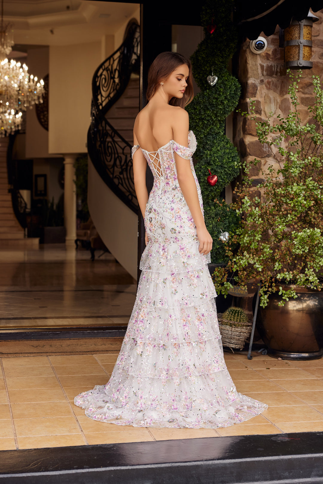 3D Floral Off Shoulder Tiered Slit Gown by Nox Anabel G1916