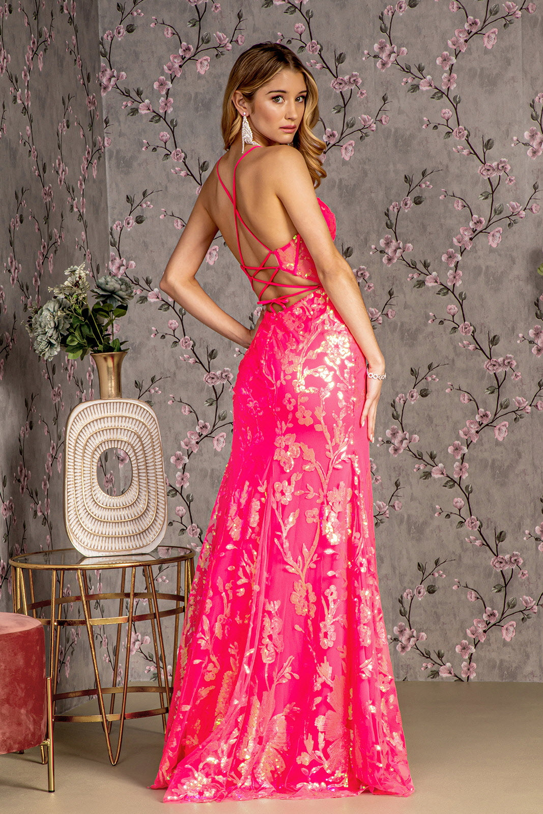 Fitted Sequin Print Sleeveless Slit Gown by GLS Gloria GL3219
