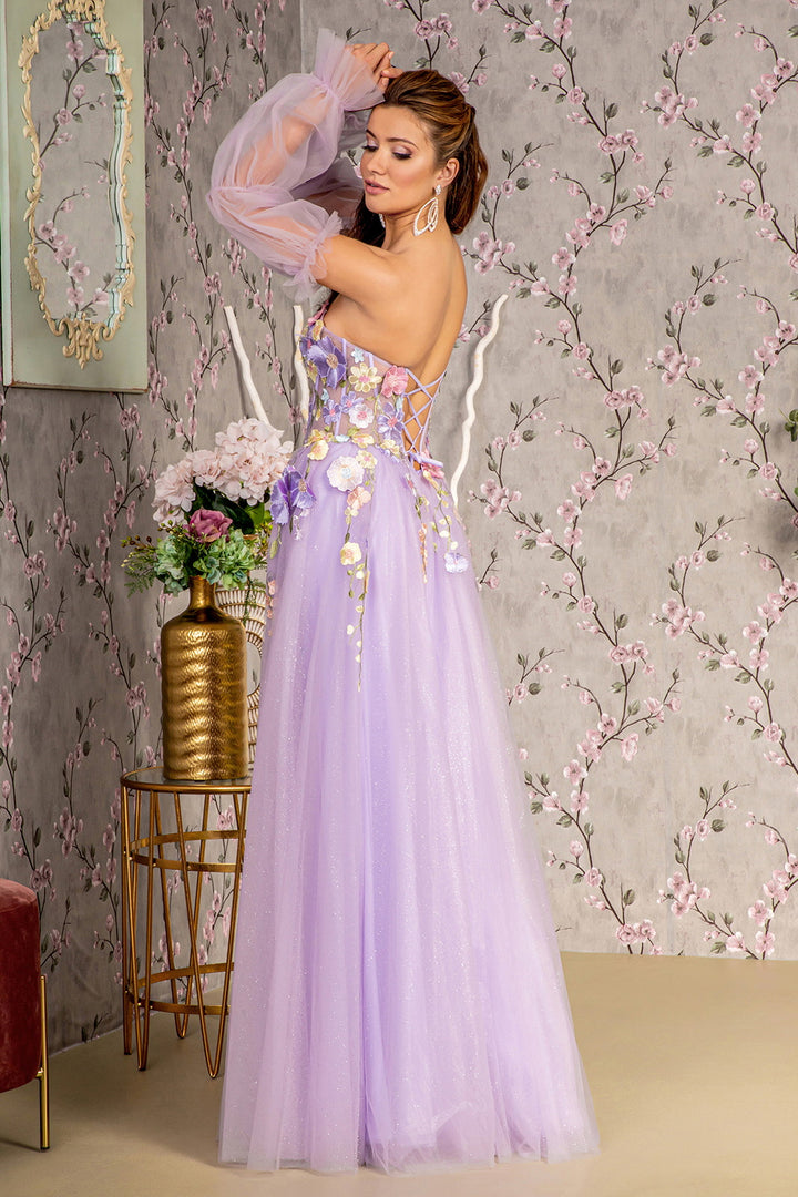 3D Floral Strapless Puff Sleeve Slit Gown by GLS Gloria GL3233