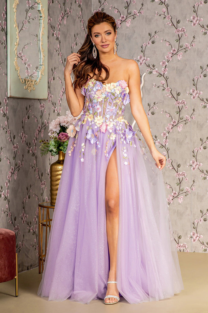 3D Floral Strapless Puff Sleeve Slit Gown by GLS Gloria GL3233