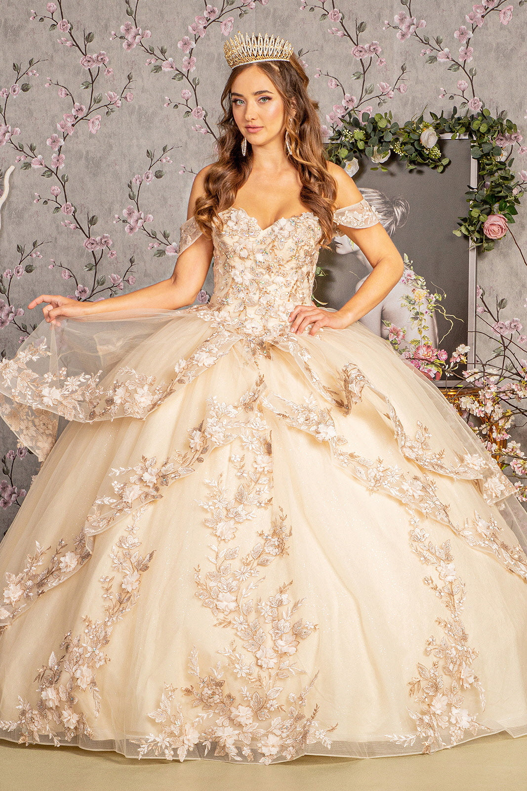 Applique Off Shoulder Layered Ball Gown by GLS Gloria GL3240