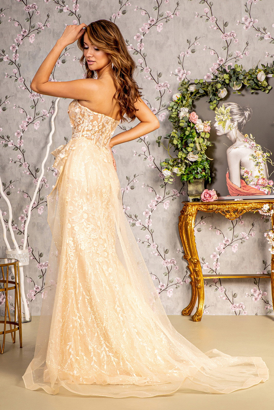 Fitted Applique Strapless Overskirt Gown by GLS Gloria GL3256