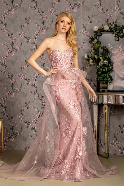 Fitted 3D Floral Strapless Overskirt Gown by GLS Gloria GL3257
