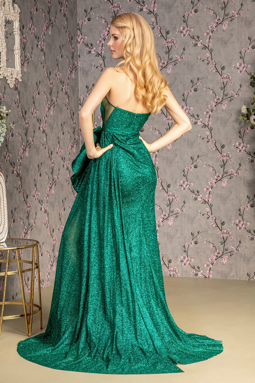Fitted Glitter One Shoulder Bow Slit Gown by GLS Gloria GL3272