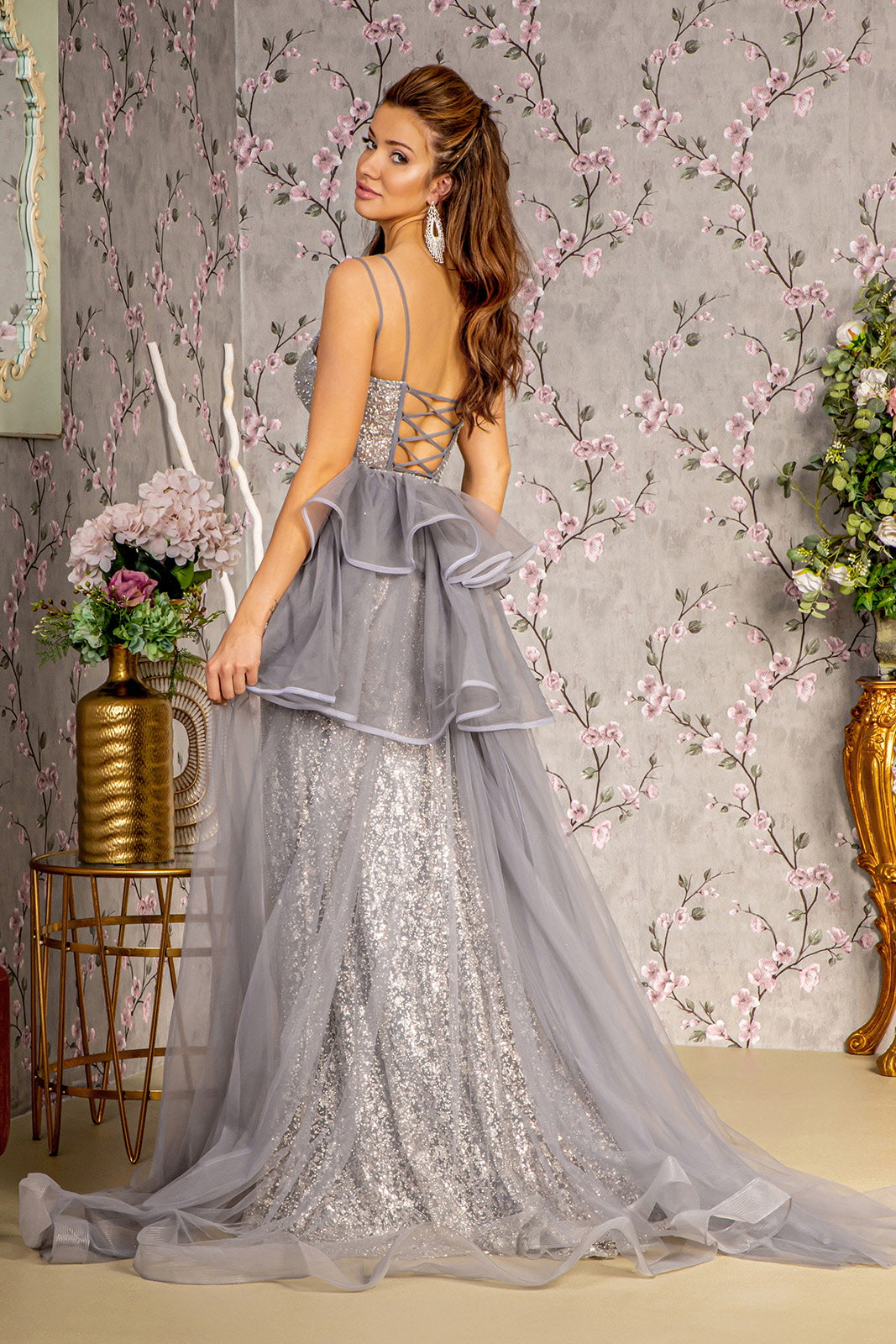 Fitted Glitter Sleeveless Overskirt Slit Gown by GLS Gloria GL3273