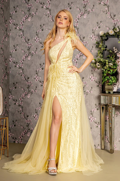 Fitted One Shoulder Feather Slit Gown by GLS Gloria GL3278