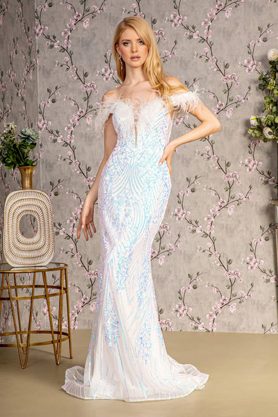 Fitted Sequin Off Shoulder Feather Gown by GLS Gloria GL3284