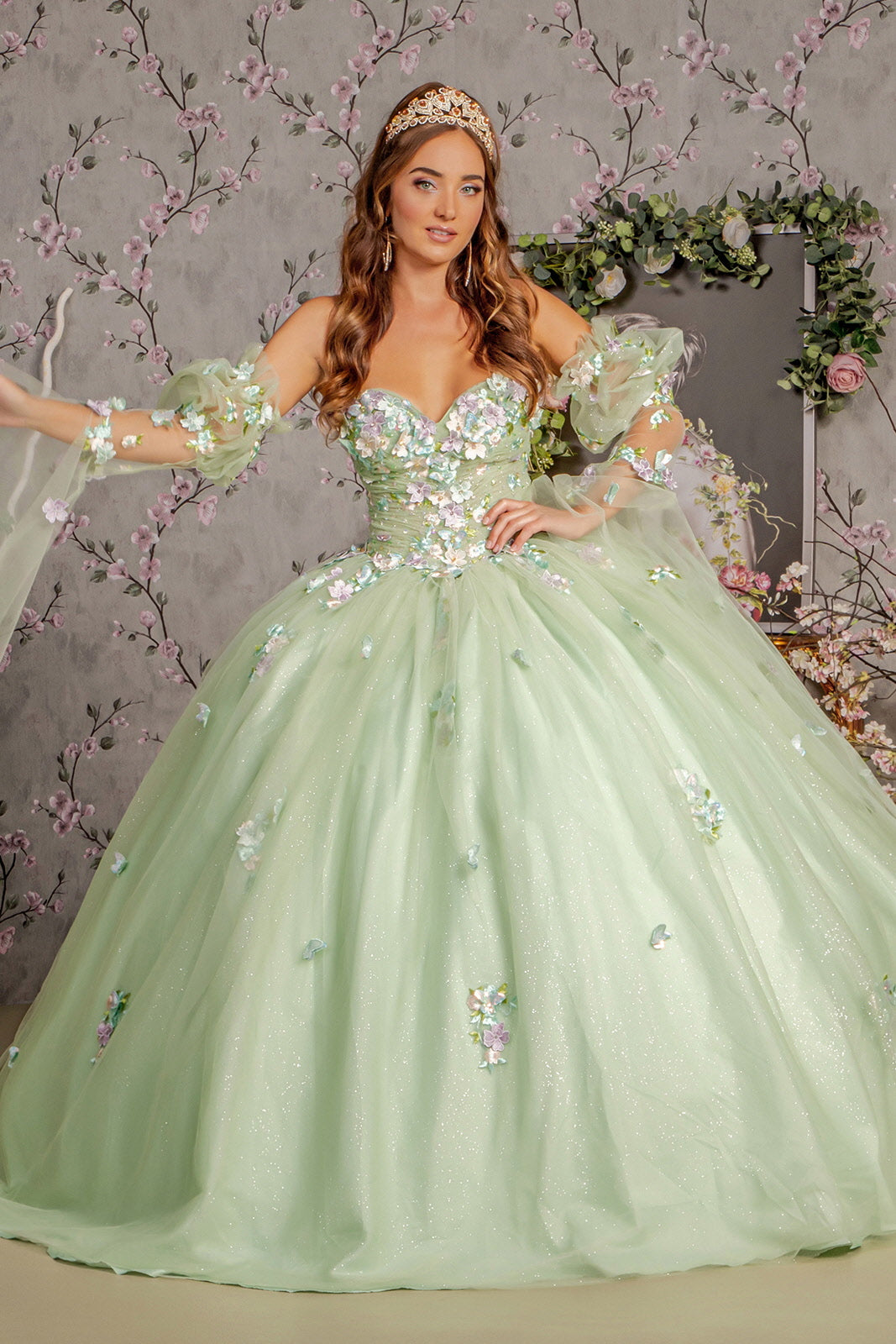 3D Floral Strapless Bell Sleeve Ball Gown by GLS Gloria GL3300