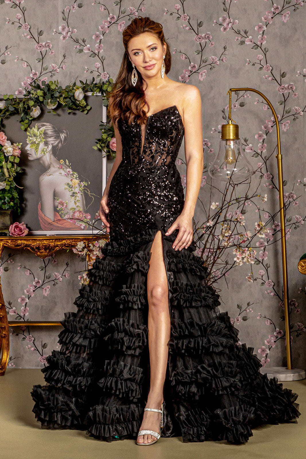 Fitted Sequin Strapless Ruffled Slit Gown by GLS Gloria GL3315
