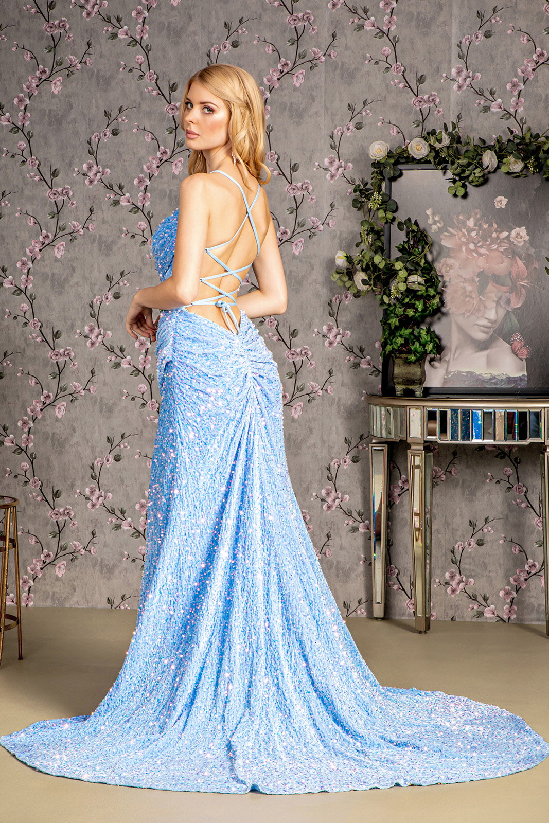 Fitted Sequin Sleeveless Cowl Slit Gown by GLS Gloria GL3322