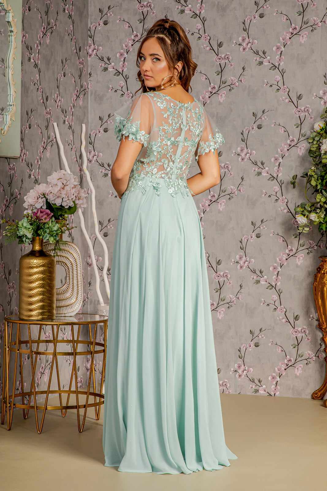 Floral Applique Short Sleeve A-line Gown by GLS Gloria GL3352