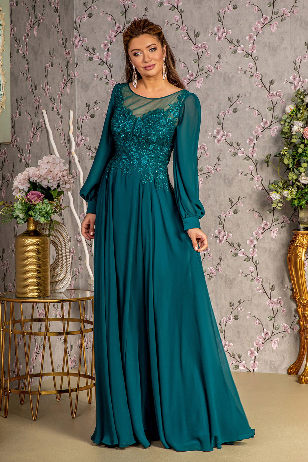 Embroidered Long Sleeve A-line Gown by GLS Gloria GL3363