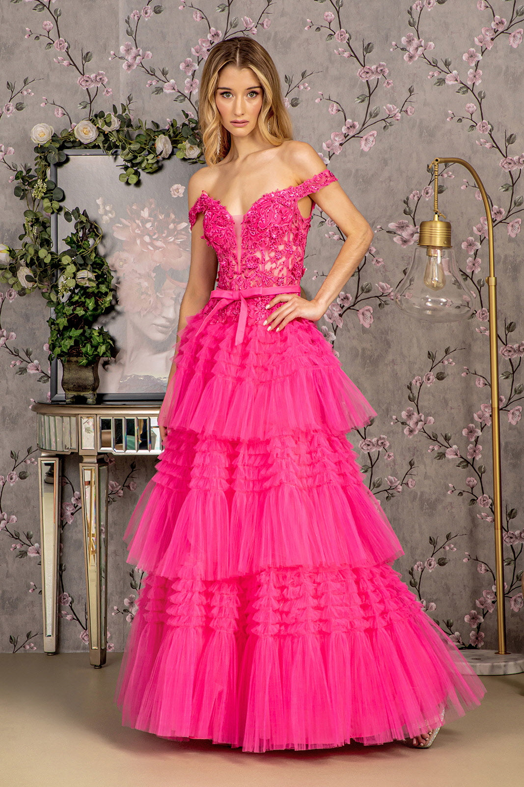 Embroidered Off Shoulder Tiered Gown by GLS Gloria GL3391