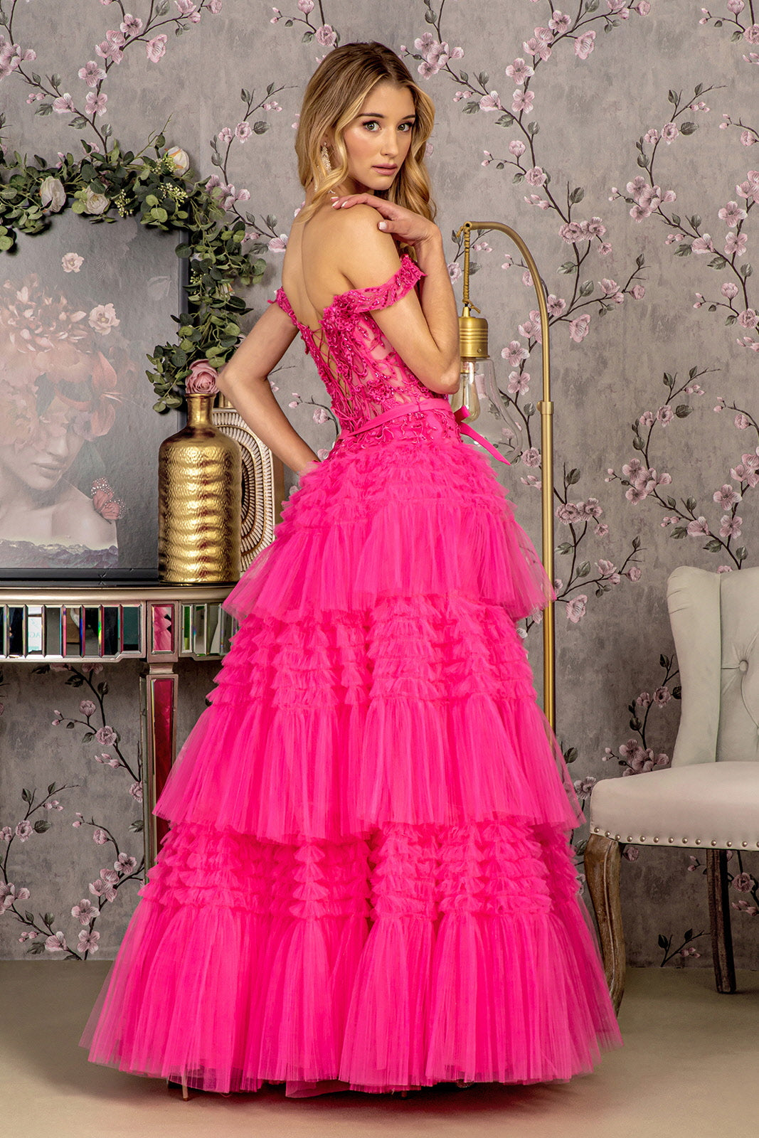 Embroidered Off Shoulder Tiered Gown by GLS Gloria GL3391