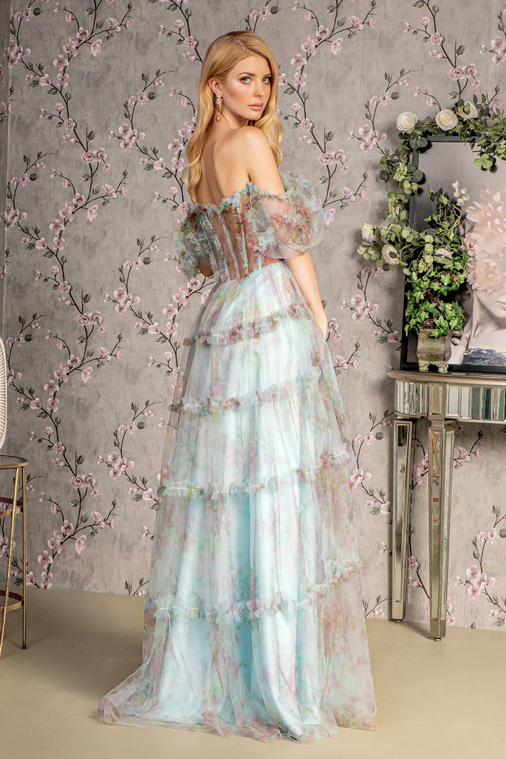Print Off Shoulder Ruffled A-line Gown by GLS Gloria GL3394