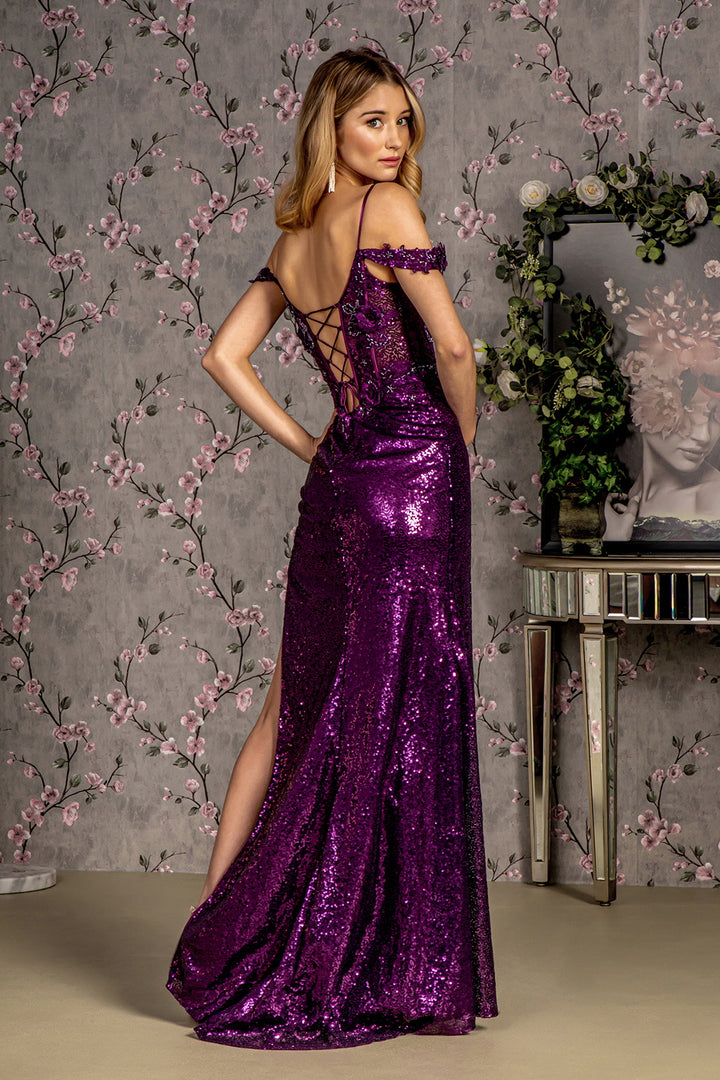 3D Floral Cold Shoulder Sequin Slit Gown by GLS Gloria GL3436
