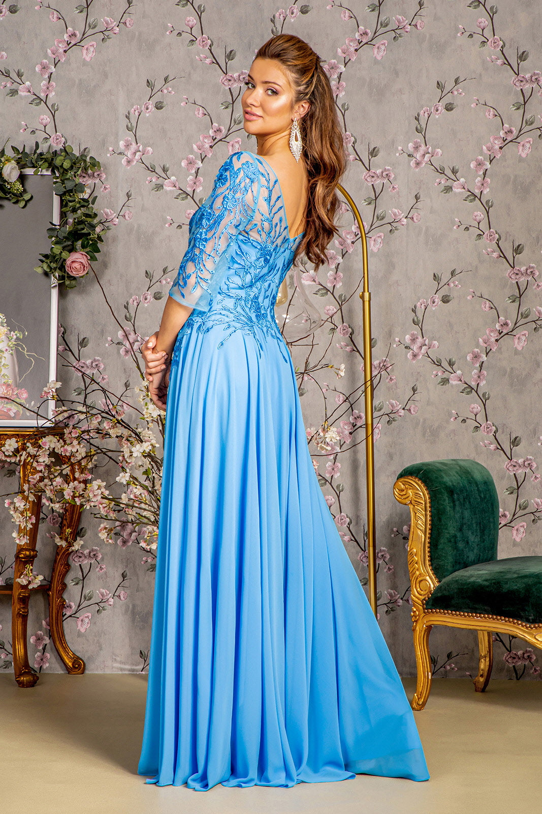 Bead Embroidered 3/4 Sleeve A-line Gown by GLS Gloria GL3445