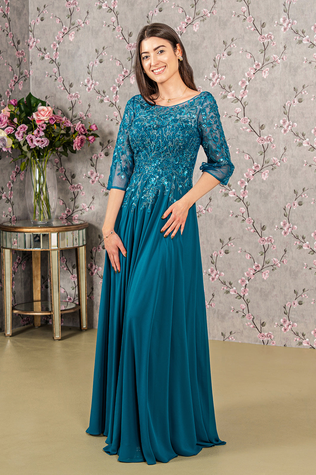 Bead Applique 3/4 Sleeve A-line Gown by GLS Gloria GL3447