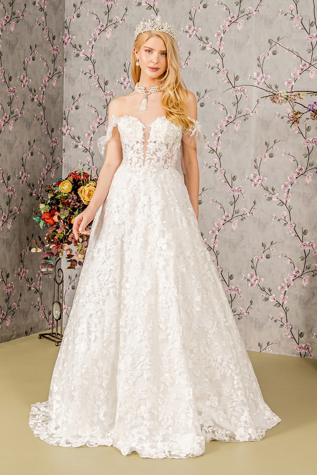 Floral Applique Off Shoulder Bridal Gown by GLS Gloria GL3449