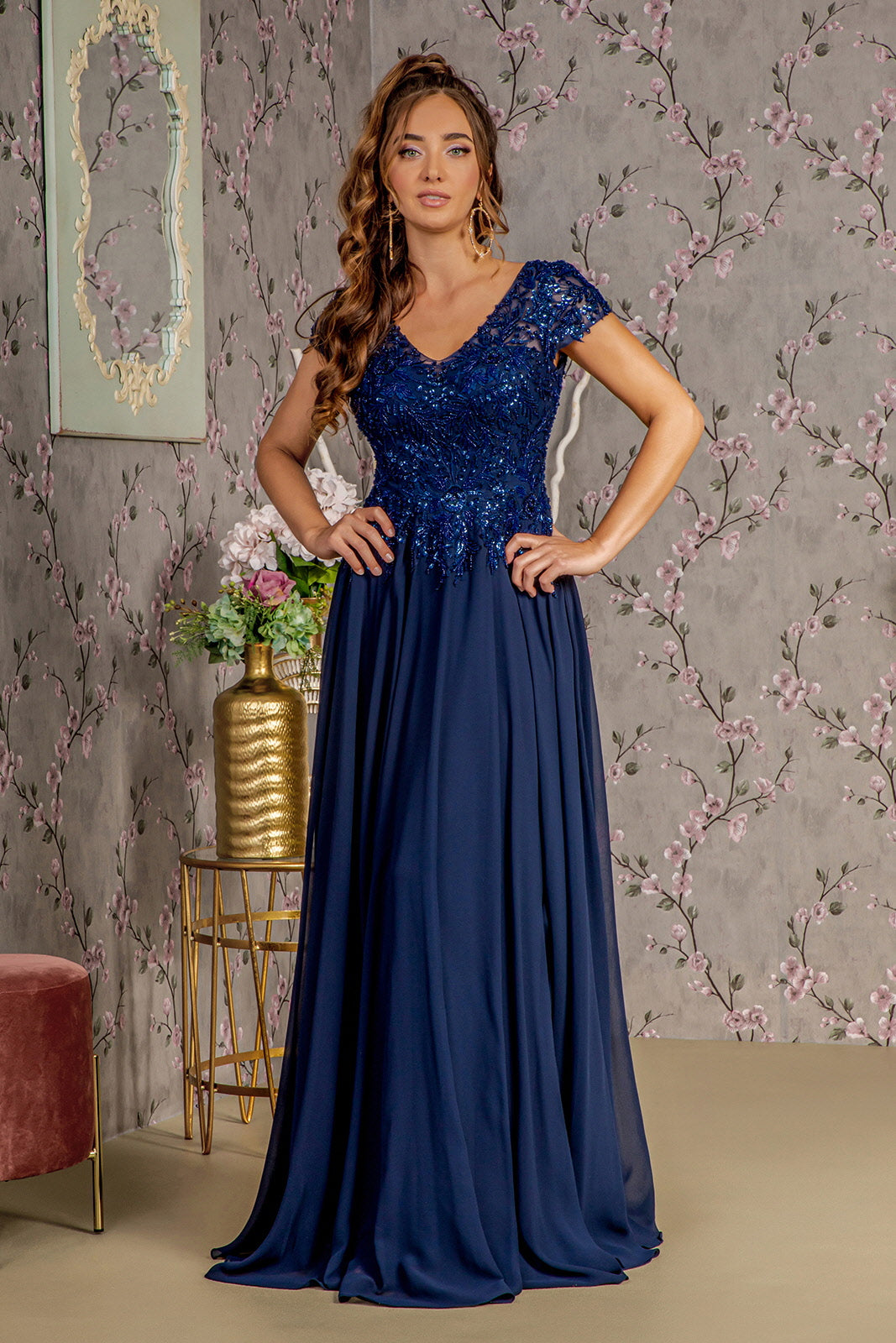 Sequin Applique Short Sleeve A-line Gown by GLS Gloria GL3450