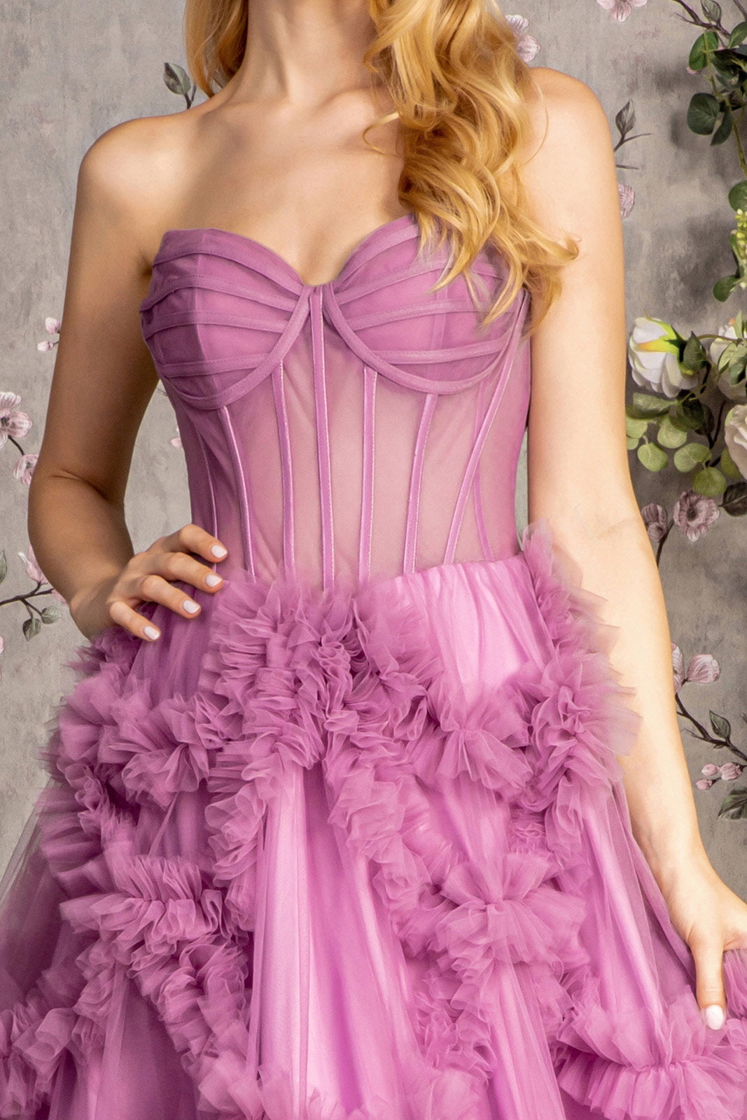 Strapless Sheer Corset Ruffled Gown by GLS Gloria GL3455