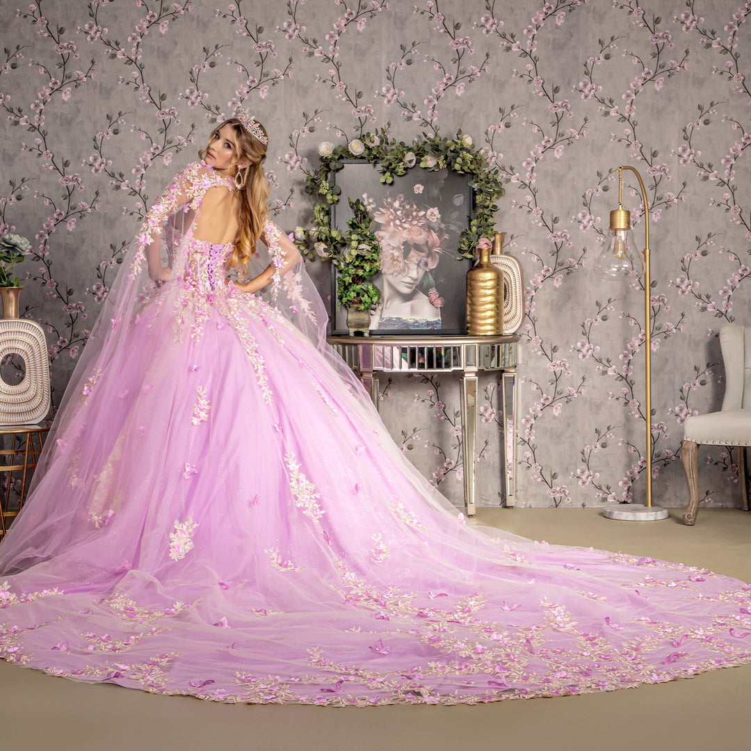 Floral Applique Cape Sleeve Ball Gown by GLS Gloria GL3467