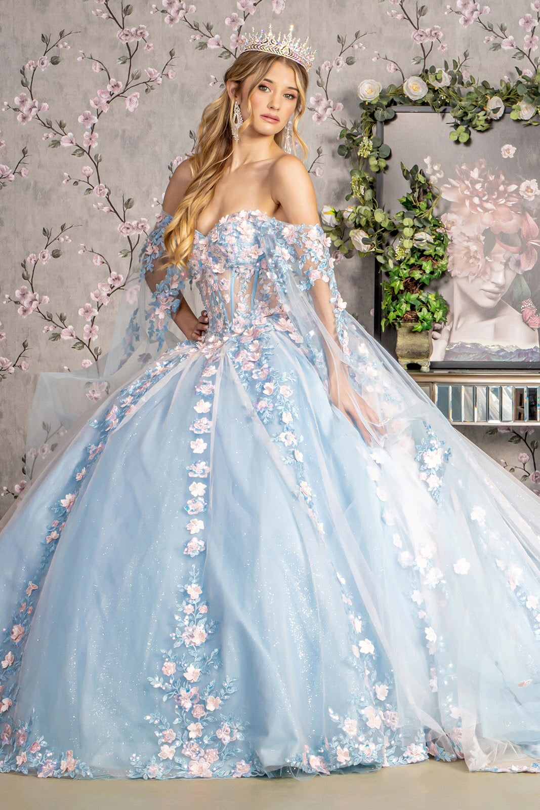 Floral Off Shoulder Cape Sleeve Ball Gown by GLS Gloria GL3468
