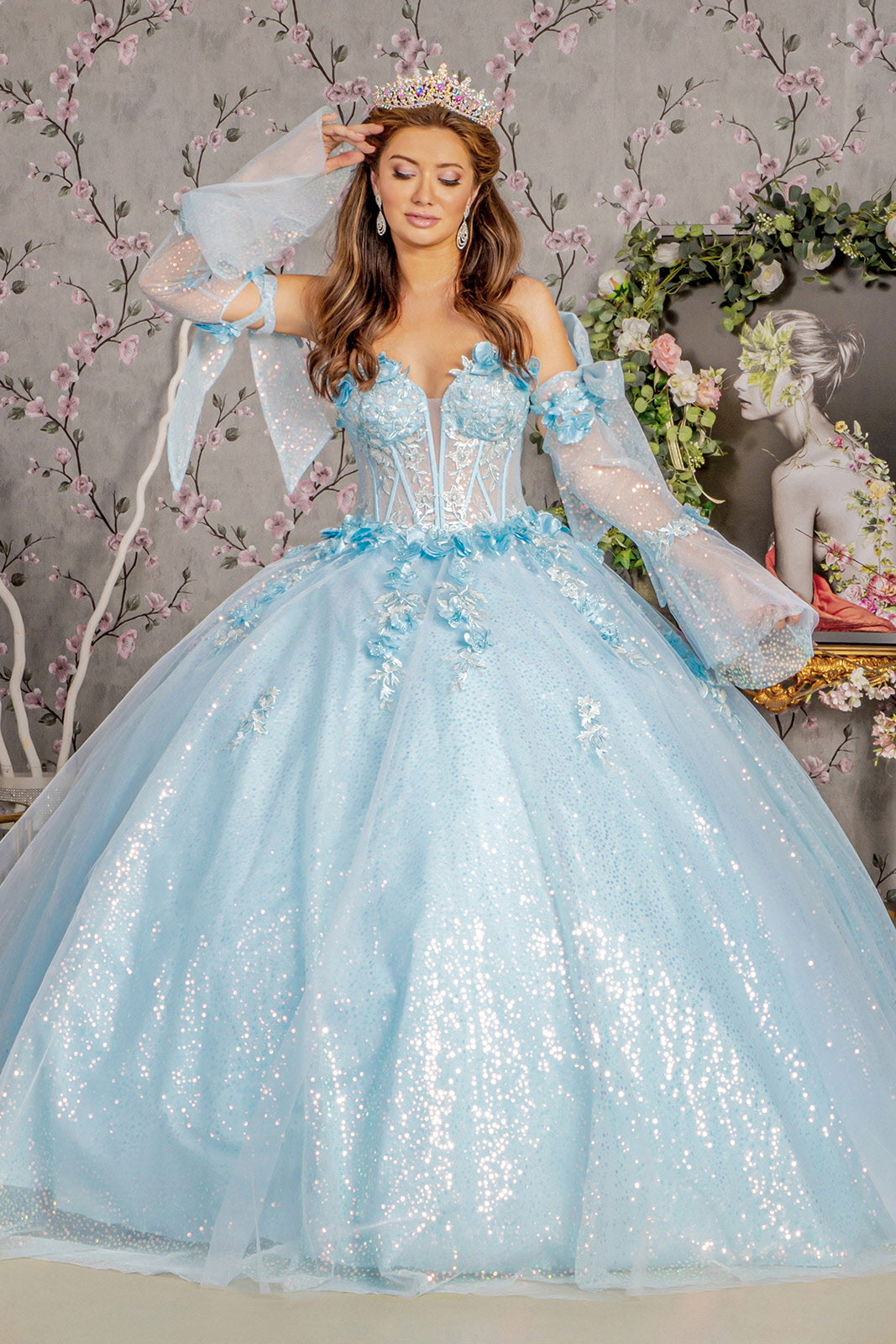 Glitter Strapless Bell Sleeve Ball Gown by GLS Gloria GL3486