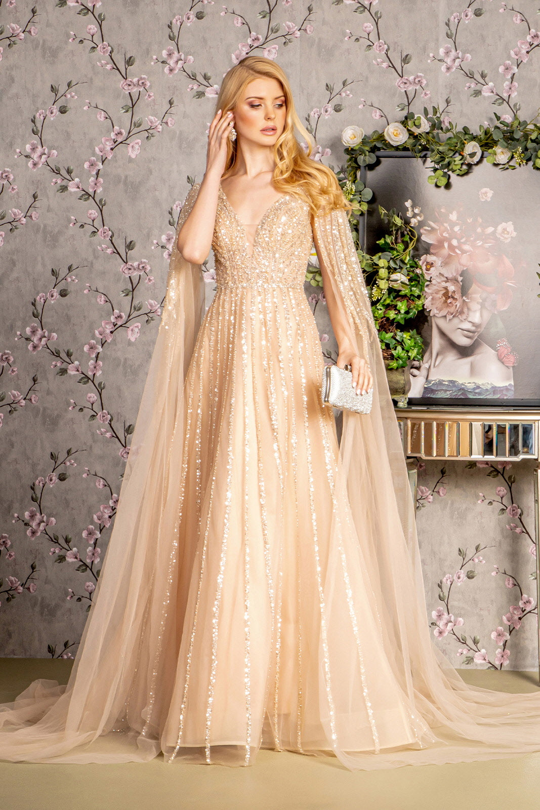 Embellished Cape Sleeve A-line Gown by GLS Gloria GL3494