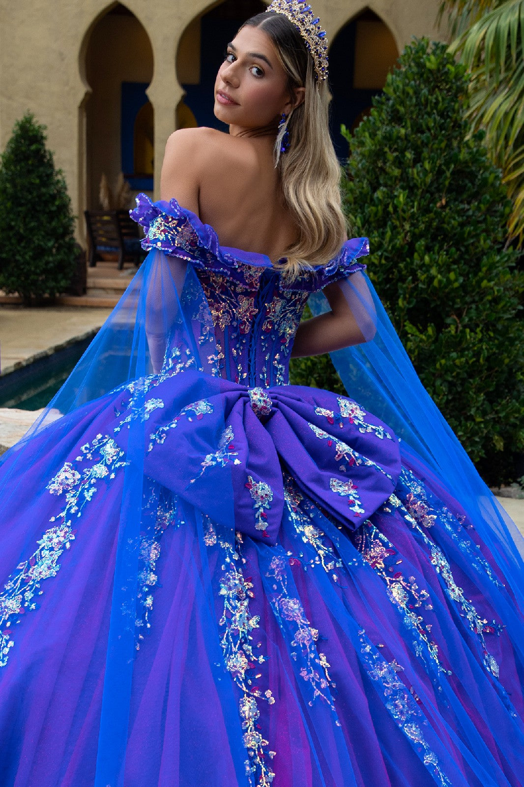 Sequin Cape Sleeve Ball Gown by GLS Gloria GL3518 L / Royal Blue Sequin Cape Sleeve Ball Gown by GLS Gloria GL3518 L / Royal Blue