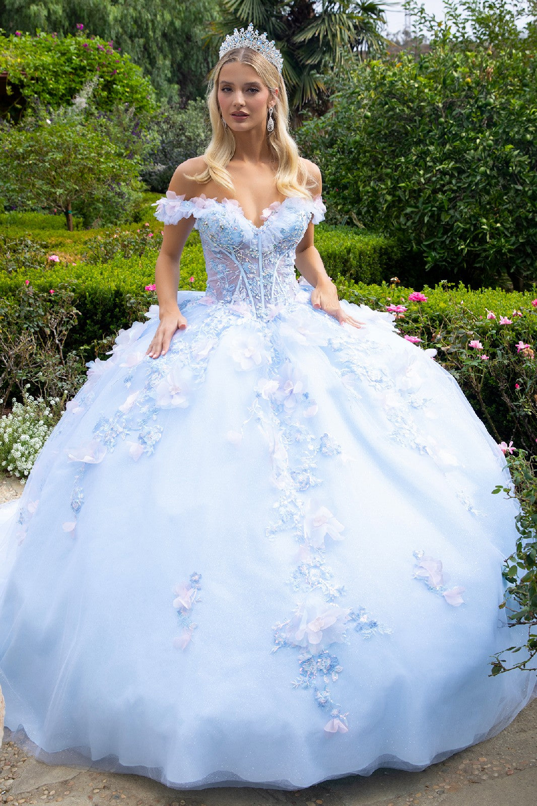 3D Floral Off Shoulder Ball Gown by GLS Gloria GL3555 2XL / Light Blue