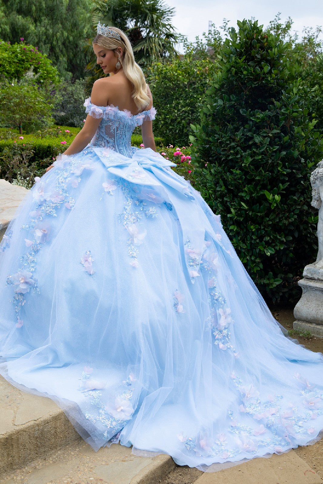 3D Floral Off Shoulder Ball Gown by GLS Gloria GL3555 2XL / Light Blue