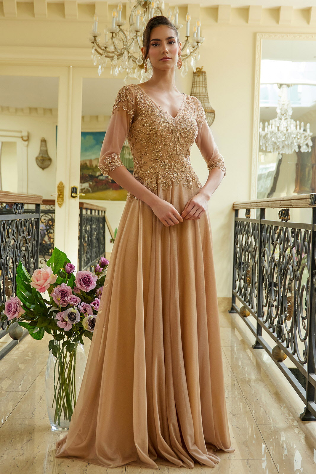 Applique 3/4 Sleeve A-line Gown by Elizabeth K GL3572 M / Gold