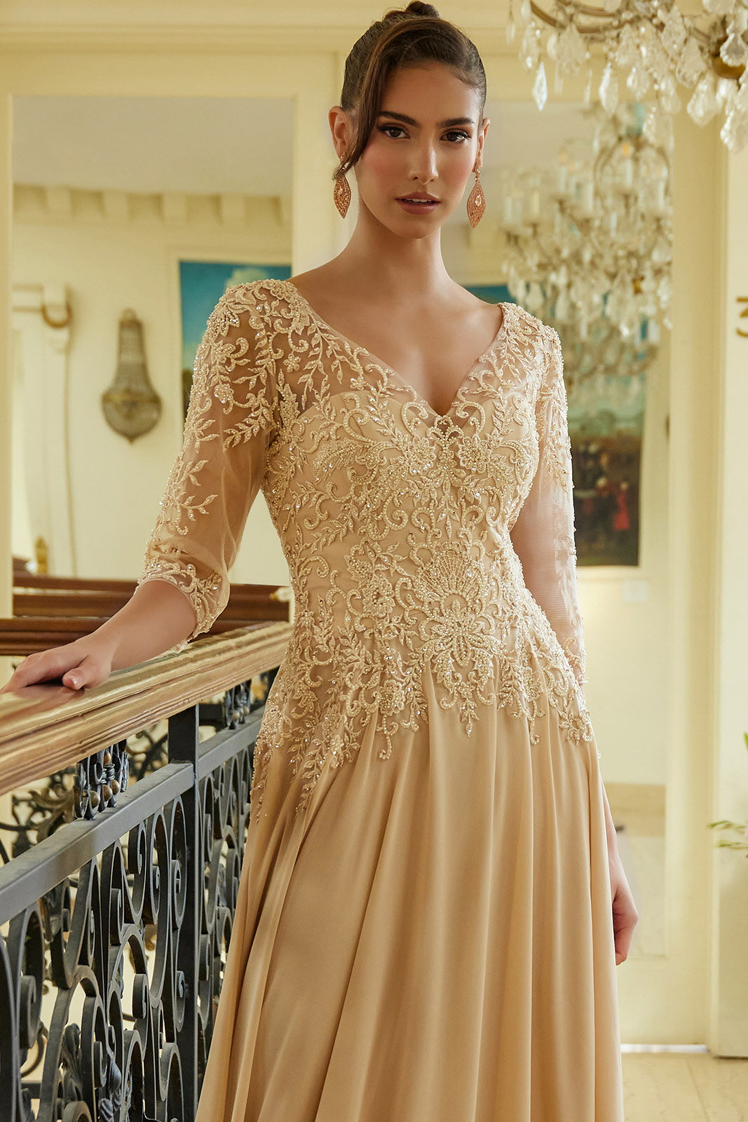 Chiffon Mid-Sleeve A-line Gown by Elizabeth K GL3573 M / Burgundy Chiffon Mid-Sleeve A-line Gown by Elizabeth K GL3573 M / Burgundy
