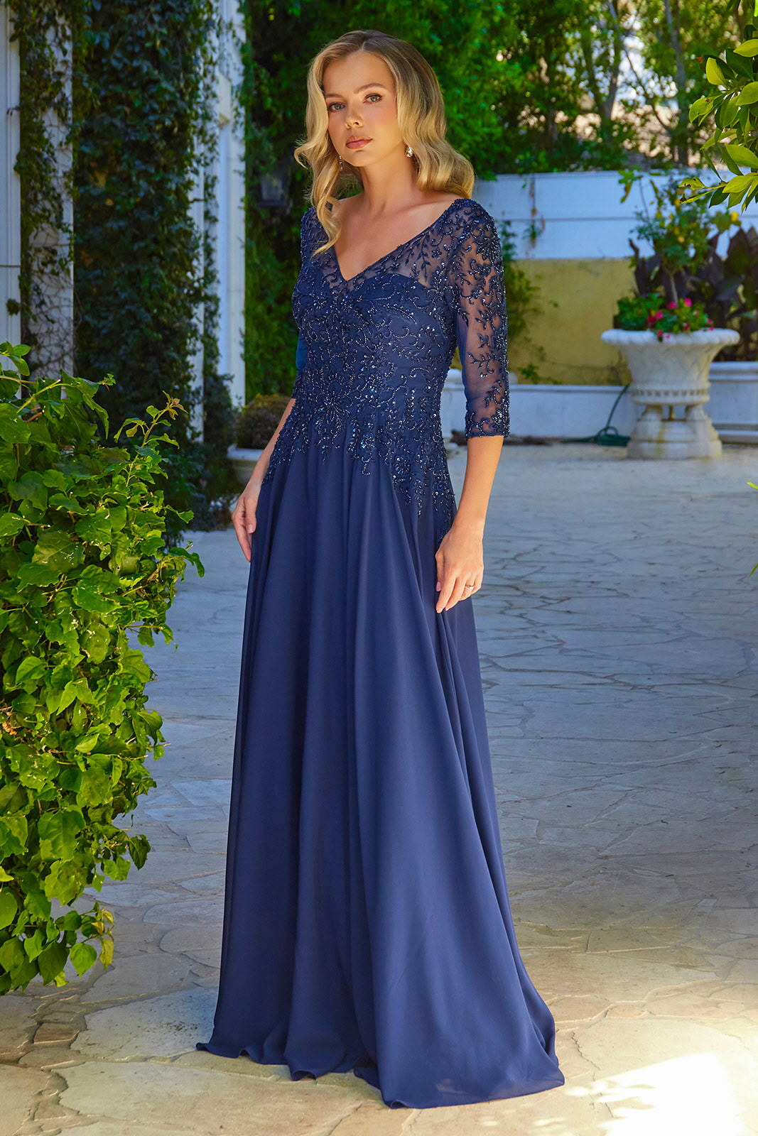 Chiffon Mid-Sleeve A-line Gown by Elizabeth K GL3573 M / Burgundy