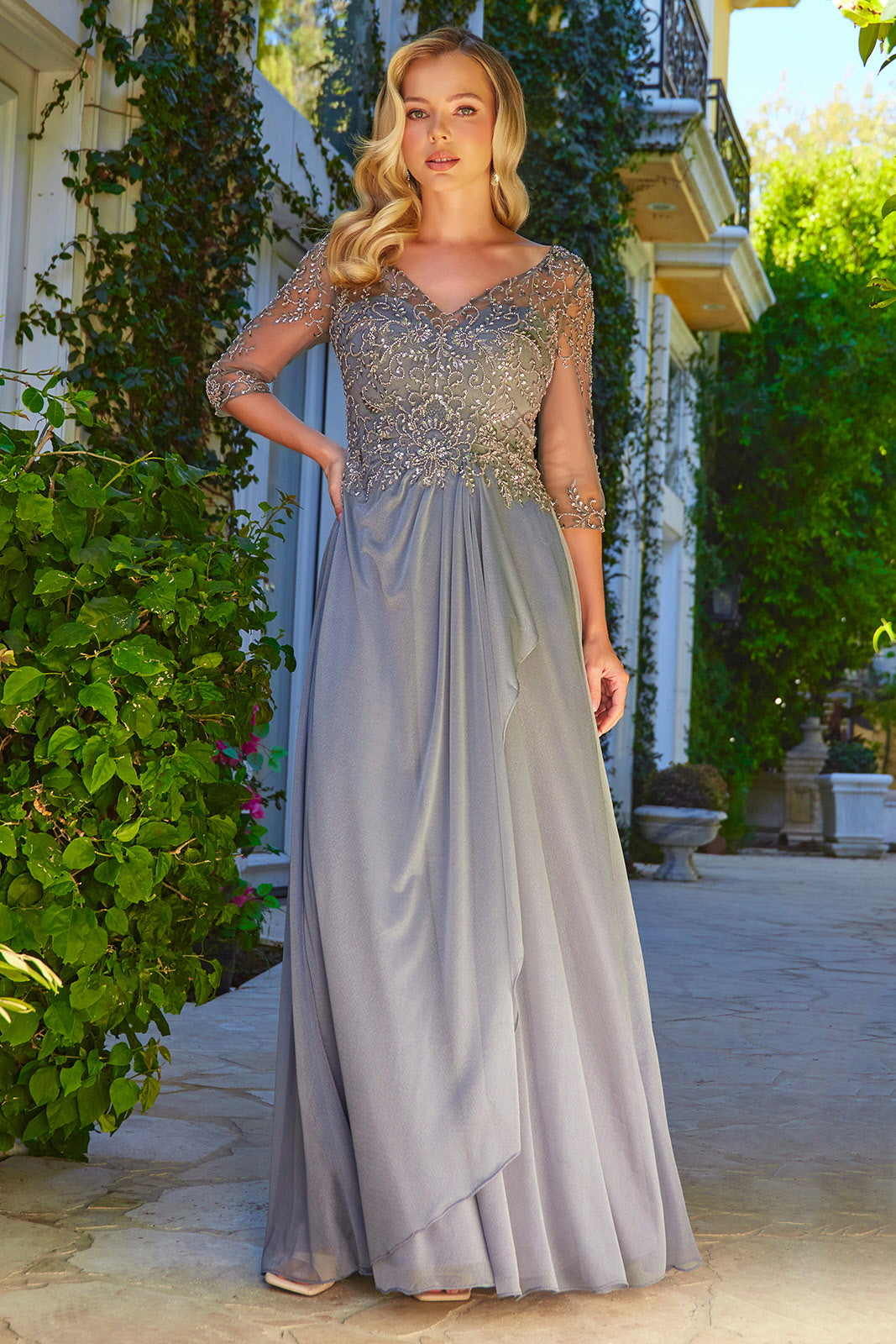 Beaded 3/4 Sleeve A-line Gown by Elizabeth K GL3574 L / Dusty Rose