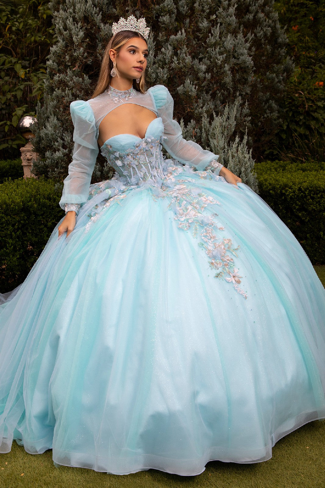 Applique Long Sleeve Ball Gown by GLS Gloria GL3577 XS / Ice Blue