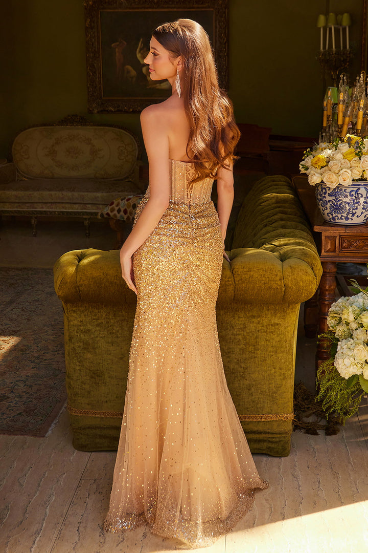 Beaded Fitted Strapless Slit Gown by GLS Gloria GL3581