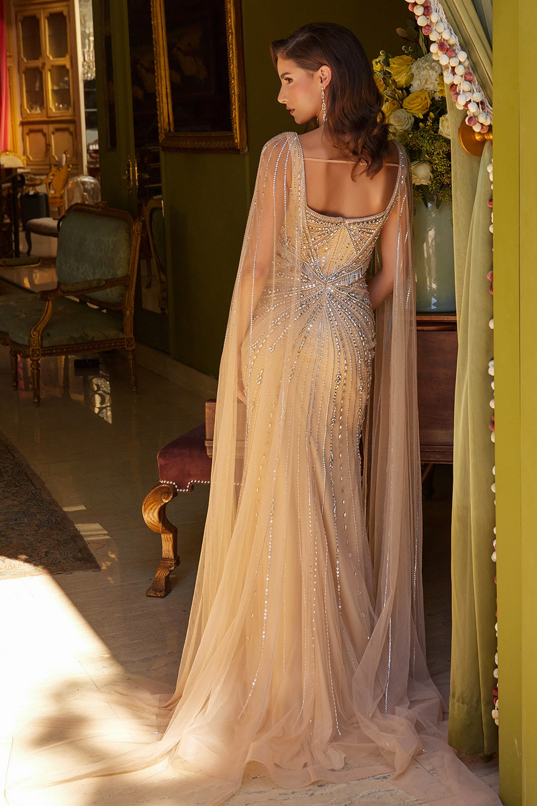 Beaded Fitted Cape Sleeve Gown by GLS Gloria GL3583 S / Gold Beaded Fitted Cape Sleeve Gown by GLS Gloria GL3583 S / Gold