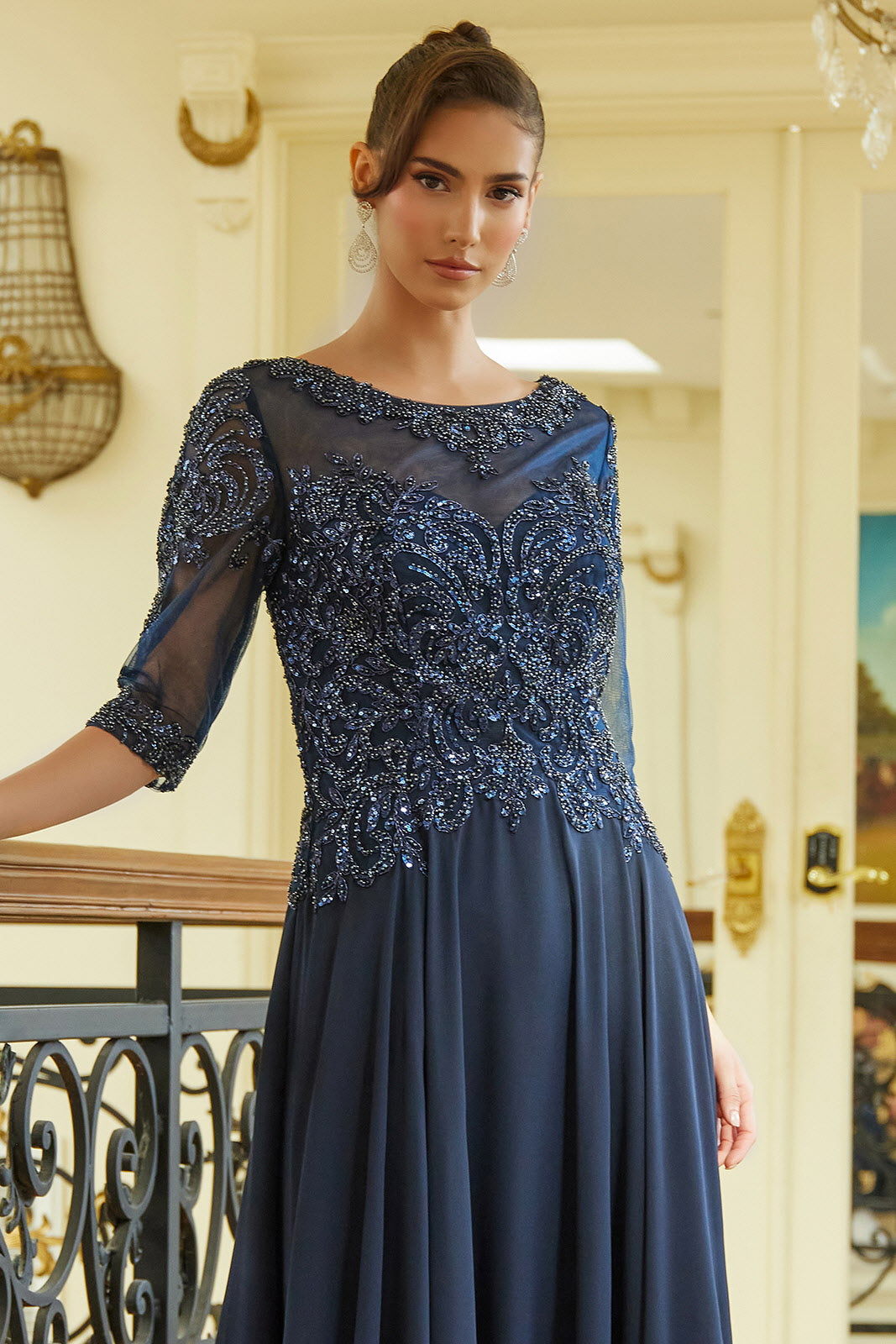 Chiffon Mid-Sleeve A-line Gown by GLS Gloria GL3599 3XL / Navy Chiffon Mid-Sleeve A-line Gown by GLS Gloria GL3599 3XL / Navy